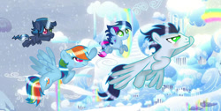 Size: 750x377 | Tagged: safe, artist:onyxdreamyt, derpibooru import, rainbow dash, soarin', oc, pegasus, pony, cloudsdale, colt, family, female, filly, flying, foal, male, mare, offspring, parent:rainbow dash, parent:soarin', parents:soarindash, shipping, soarindash, stallion, straight