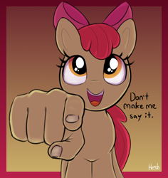 Size: 2640x2800 | Tagged: safe, artist:heretichesh, derpibooru import, apple bloom, earth pony, pony, female, filly, foal, gradient background, hand, looking at you, open mouth, pointing at you, solo, suddenly hands, text