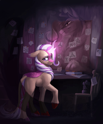 Size: 3324x4000 | Tagged: safe, artist:klarapl, derpibooru import, oc, oc only, oc:lotus cinder, oc:searing gale, kirin, fanfic:words of power, book, chair, desk, diagram, fanfic art, female, glowing, glowing horn, horn, lantern, mare, raised hoof, raised leg, see-through, spellbook, story in the source, tail