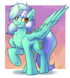 Size: 2912x3240 | Tagged: safe, artist:witchtaunter, derpibooru import, lyra heartstrings, alicorn, pony, alicornified, chest fluff, commission, ear fluff, ears, female, gradient background, happy, looking at you, lyracorn, mare, race swap, raised hoof, raised leg, simple background, smiling, smiling at you, solo, spread wings, wings