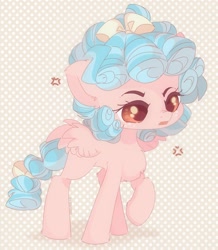 Size: 1886x2160 | Tagged: safe, artist:vanilla-chan, derpibooru import, cozy glow, pegasus, pony, blank flank, chest fluff, cozybetes, cross-popping veins, cute, ear fluff, ears, emanata, female, filly, foal, leg fluff, open mouth, polka dot background, redraw, solo