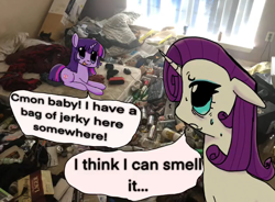 Size: 1028x756 | Tagged: safe, ai content, artist:ombnom, derpibooru import, machine learning assisted, rarity, twilight sparkle, unicorn twilight, pony, unicorn, audio in source, duo, female, fifteen.ai, irl, messy room, photo, ponies in real life