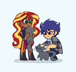 Size: 2048x1930 | Tagged: safe, artist:indigohatetrain, derpibooru import, flash sentry, sunset shimmer, cat, equestria girls, duo, female, human coloration, male, simple background