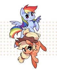 Size: 1337x1691 | Tagged: safe, artist:meowzng999, derpibooru import, applejack, rainbow dash, earth pony, pegasus, pony, abstract background, appledash, applejack's hat, clothes, cowboy hat, cute, dashabetes, duo, duo female, female, flying, hat, jackabetes, lesbian, looking at you, mare, raised hoof, raised leg, shipping, smiling, smiling at you, spread wings, wings