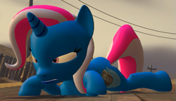 Size: 675x386 | Tagged: safe, artist:theinvertedshadow, derpibooru import, trixie, unicorn, 3d, an enlightening outing for magic mare, elements of insanity, female, frown, gmod, lying down, magic mare, mare, power line, prone, shrunken pupils, solo focus, squint