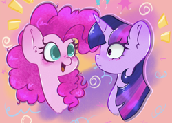 Size: 1872x1340 | Tagged: safe, artist:indigohatetrain, derpibooru import, pinkie pie, twilight sparkle, earth pony, pony, abstract background, ambiguous race, blushing, bust, colored pupils, duo, female, heart, heart eyes, heart mark, lesbian, looking at each other, looking at someone, mare, open mouth, open smile, shipping, smiling, twinkie, wingding eyes
