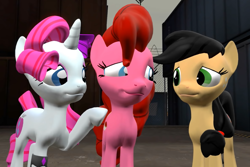 Size: 1052x702 | Tagged: safe, artist:theinvertedshadow, derpibooru import, applejack, pinkie pie, rarity, earth pony, pony, unicorn, 3d, applepills, elements of insanity, eyeshadow, female, freckles, gmod, hat, hoof on shoulder, looking at each other, looking at someone, makeup, mare, pinkis cupcake, rarifruit, standing, the sad tale of pinkis cupcake, trio, trio female