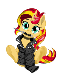 Size: 1954x2560 | Tagged: safe, artist:dstears, color edit, derpibooru import, edit, sunset shimmer, pony, unicorn, g4, :3, clothes, colored, cute, female, filly, filly sunset shimmer, foal, jacket, knife, leather, leather jacket, looking at you, mare, mouth hold, oversized clothes, pure unfiltered evil, shimmerbetes, simple background, sitting, solo, switchblade, weapons-grade cute, white background, younger