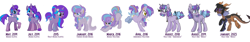 Size: 3635x616 | Tagged: safe, artist:jewellier, artist:violet-era, derpibooru import, oc, oc only, oc:medea violet ring, original species, pony, unicorn, pony creator, cat tail, character evolution, horn, jeweler, oc redesign, progression, redesign, tail, unicorn oc