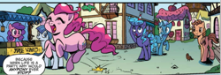 Size: 1097x374 | Tagged: safe, artist:pencils, derpibooru import, idw, pinkie pie, earth pony, pegasus, pony, unicorn, spoiler:comic, spoiler:comic69, butt, female, male, mane wars, mare, plot, stallion, unnamed character, unnamed pony