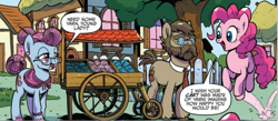 Size: 1077x469 | Tagged: safe, artist:pencils, derpibooru import, idw, pinkie pie, earth pony, pony, spoiler:comic, spoiler:comic69, beard, bowtie, clothes, elderly, facial hair, female, glasses, male, stallion, unnamed character, unnamed pony, yarn