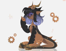 Size: 3200x2500 | Tagged: safe, artist:bassarisc, artist:crane, derpibooru import, oc, oc only, oc:medea violet ring, original species, pony, amputee, clock, clockwork, commissioner:jewellier, dragon tail, ear piercing, earring, female, gears, glasses, horn, hybrid oc, jewelry, mare, multiple horns, piercing, pocket watch, prosthetic limb, prosthetics, simple background, smoke, solo, sparkles, steampunk, tail, white background