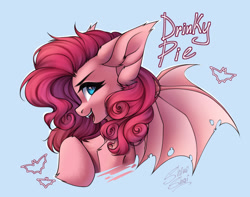 Size: 3000x2364 | Tagged: safe, artist:shinoshai, derpibooru import, pinkie pie, bat pony, pony, bat ponified, blue background, bust, fangs, open mouth, open smile, pinkiebat, race swap, simple background, smiling, solo, tattered, tattered wings, wings