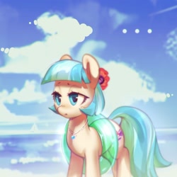 Size: 2048x2048 | Tagged: safe, artist:mirroredsea, derpibooru import, coco pommel, earth pony, pony, ..., beach, cloud, female, flower, flower in hair, inflatable toy, inner tube, jewelry, mare, necklace, pool toy, sailboat, solo