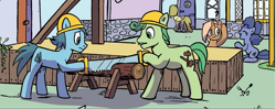 Size: 945x374 | Tagged: safe, artist:pencils, derpibooru import, idw, earth pony, pegasus, unicorn, spoiler:comic, spoiler:comic94, comic, concerned, eyes closed, female, hat, log, male, mare, open mouth, saw, season 10, stallion