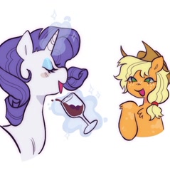 Size: 763x797 | Tagged: safe, artist:ghuoulish, derpibooru import, applejack, rarity, earth pony, pony, unicorn, duo, eyeshadow, glass, magic, makeup, simple background, white background, wine glass