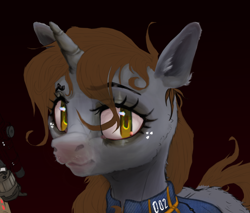 Size: 938x798 | Tagged: safe, artist:aviarts, derpibooru import, oc, oc only, oc:littlepip, pony, unicorn, fallout equestria, brown mane, brown tail, bust, clothes, ear fluff, ears, fallout, fluffy, freckles, gray coat, high res, jumpsuit, looking at you, makeup, messy coat, messy hair, messy mane, messy tail, portrait, red background, short, simple background, smiling, smiling at you, solo, stable-tec, tail, vault suit, whiskers, wip