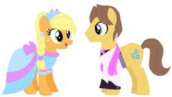 Size: 745x421 | Tagged: safe, artist:glittertiara, derpibooru import, applejack, caramel, earth pony, pony, bride, carajack, clothes, dress, female, groom, husband and wife, male, mare, marriage, married couple, shipping, simple background, stallion, straight, tuxedo, wedding, wedding dress, white background
