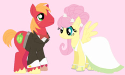 Size: 800x481 | Tagged: safe, artist:glittertiara, derpibooru import, big macintosh, fluttershy, earth pony, pegasus, bride, clothes, dress, female, fluttermac, groom, husband and wife, male, mare, marriage, married couple, pink background, shipping, simple background, stallion, straight, tuxedo, wedding, wedding dress