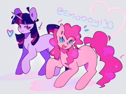 Size: 2048x1528 | Tagged: safe, artist:emoboy130, derpibooru import, pinkie pie, twilight sparkle, unicorn twilight, earth pony, pony, unicorn, duo, heart, heart eyes, open mouth, simple background, smiling, wingding eyes