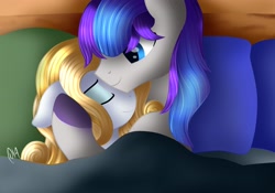 Size: 3000x2100 | Tagged: safe, artist:gelians, pony, bed, blanket, cuddling, female, male, on bed, sleeping