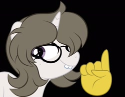 Size: 2048x1597 | Tagged: safe, artist:gelians, oc, oc only, oc:solaria, pony, unicorn, black background, bucktooth, emoji, female, freckles, glasses, hand, looking at you, mare, pointing, silly, simple background, smiling, smiling at you, smirk