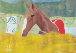 Size: 3469x2440 | Tagged: safe, artist:shitty painter, twibooru import, sergeant reckless, horse, pony, abstract background, blanket, gouache, hay, irl, irl horse, painting, ponified, species swap, traditional art