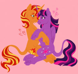 Size: 1280x1226 | Tagged: source needed, safe, artist:butchidiot, derpibooru import, sunset shimmer, twilight sparkle, twilight sparkle (alicorn), alicorn, pony, unicorn, blushing, duo, female, heart, hug, leonine tail, lesbian, pink background, shipping, simple background, sitting, smiling, sunsetsparkle, tail