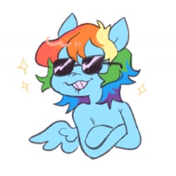 Size: 1440x1440 | Tagged: safe, artist:ghuoulish, derpibooru import, rainbow dash, pegasus, pony, semi-anthro, 20% cooler, crossed hooves, human shoulders, lip bite, simple background, solo, sparkles, sunglasses, white background