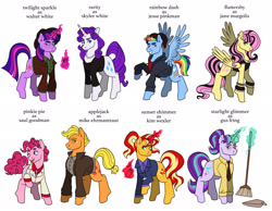Size: 2048x1591 | Tagged: source needed, safe, artist:butchidiot, derpibooru import, applejack, fluttershy, pinkie pie, rainbow dash, rarity, starlight glimmer, sunset shimmer, twilight sparkle, earth pony, pegasus, pony, unicorn, alternate hairstyle, beanie, breaking bad, clothes, cosplay, costume, crossover, emoshy, female, frown, glasses, glowing, glowing horn, group, gus fring, hat, heisenberg, horn, jane margolis, jesse pinkman, kim wexler, lesbian, magic, mike ehrmantraut, one eye closed, saul goodman, simple background, skyler white, smiling, text, walter white, white background, wink