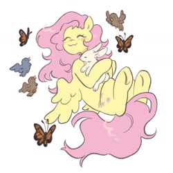 Size: 1440x1440 | Tagged: safe, artist:ghuoulish, derpibooru import, angel bunny, fluttershy, bird, butterfly, pegasus, pony, rabbit, animal, simple background, spread wings, white background, wings