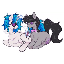 Size: 1440x1440 | Tagged: safe, artist:ghuoulish, derpibooru import, dj pon-3, octavia melody, vinyl scratch, earth pony, pony, unicorn, blunt, drug use, drugs, duo, female, lesbian, lighter, lying down, magic, marijuana, scratchtavia, shipping, simple background, smoking, vinyl's glasses, white background