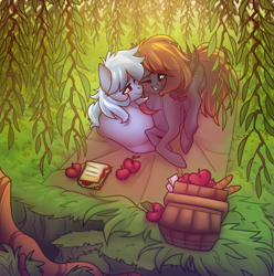 Size: 1015x1024 | Tagged: safe, artist:magicstarfriends, derpibooru import, oc, oc only, bat pony, earth pony, pony, apple, basket, bat pony oc, bread, duo, earth pony oc, food, picnic basket, picnic blanket, sandwich, tree, under the tree