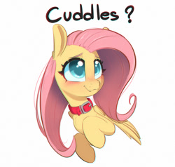 Size: 1000x952 | Tagged: safe, artist:inkypuso, derpibooru import, fluttershy, pegasus, pony, blushing, bronybait, chromatic aberration, collar, colored eyebrows, colored pupils, cuddle request, cute, daaaaaaaaaaaw, female, half body, hugs?, mare, pony pet, shyabetes, simple background, smiling, solo, white background