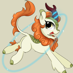 Size: 1080x1080 | Tagged: safe, artist:twiliset, derpibooru import, autumn blaze, kirin, pony, beautiful, butt, cute, happy, light, looking at you, magic, open mouth, plot, running, simple background, smiling, solo