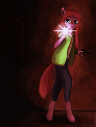 Size: 2160x2840 | Tagged: safe, artist:tazool, derpibooru import, pinkie pie, anthro, unguligrade anthro, female, flash light, gun, handgun, james sunderland, offscreen character, pinkamena diane pie, pistol, silent hill, silent hill 2, solo, walking, weapon