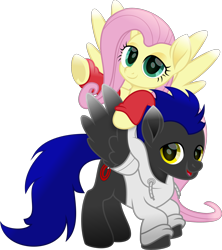 Size: 2542x2861 | Tagged: safe, artist:lincolnbrewsterfan, derpibooru exclusive, derpibooru import, fluttershy, oc, oc:shadow spirits, pegasus, pony, rainbow roadtrip, .svg available, :d, birthday gift, blue, blue mane, blue tail, canon x oc, clothes, crouching, cyan eyes, drawstrings, duo, duo male and female, face down ass up, female, fluttershy riding oc, golden eyes, happy, happy birthday, hood, hoodie, hoof around neck, hoof heart, inkscape, lidded eyes, looking at you, male, male and female, mare, movie accurate, open mouth, open smile, pegasus oc, pink mane, pink tail, ponies riding ponies, red, riding, shipping, simple background, smiling, smiling at you, socks, spread wings, stallion, straight, svg, tail, transparent background, turquoise eyes, underhoof, upside-down hoof heart, vector, wing sleeves, wings, yellow