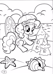 Size: 2550x3509 | Tagged: safe, derpibooru import, pinkie pie, earth pony, pony, beach, black and white, coloring book, coloring page, conch shell, cute, diapinkes, female, grayscale, mare, monochrome, ocean, open mouth, open smile, outdoors, pinkie's pony palooza coloring book, sandcastle, sitting, smiling, solo, starfish, stock vector, surfboard, water