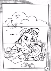 Size: 2550x3509 | Tagged: safe, derpibooru import, rarity, pony, unicorn, bag, beach, black and white, boat, bucket, cloud, coloring book, coloring page, conch shell, female, flip-flops, grayscale, hat, mare, monochrome, ocean, official, outdoors, pinkie's pony palooza coloring book, sailboat, sandals, shovel, solo, stock vector, sunglasses, sunscreen, water