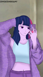 Size: 1080x1920 | Tagged: safe, artist:sh4deshad0w41, derpibooru import, twilight sparkle, human, equestria girls, belly, belly button, cellphone, clothes, denim, hair, humanized, jacket, jeans, mirror selfie, pants, phone, selfie, solo, tanktop