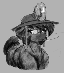 Size: 585x675 | Tagged: safe, artist:reddthebat, derpibooru import, oc, oc only, oc:number nine, earth pony, pony, cigarette, coal, dirty, ears, female, floppy ears, gray background, grayscale, headlamp, helmet, lidded eyes, mare, mining helmet, monochrome, simple background, smoking, solo