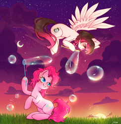 Size: 1210x1240 | Tagged: safe, artist:julieee3e, derpibooru import, pinkie pie, oc, oc:arwencuack, earth pony, pegasus, pony, bubble, fanart