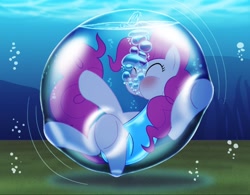 Size: 708x553 | Tagged: safe, artist:bladedragoon7575, derpibooru import, pinkie pie, earth pony, pony, bubble, bubble solution, clothes, cute, diapinkes, eyes closed, female, in bubble, pinkie being pinkie, puffy cheeks, swimsuit, underwater, water