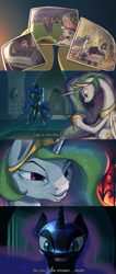 Size: 1944x4597 | Tagged: safe, artist:ciborgen, derpibooru import, nightmare moon, princess celestia, princess luna, star swirl the bearded, alicorn, pony, unicorn, high res, lord of the rings, meme, photo, reference, trollestia