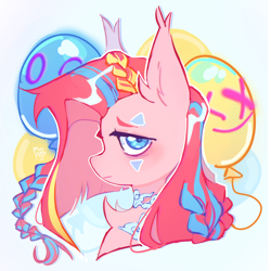 Size: 2760x2756 | Tagged: safe, artist:monphys, derpibooru import, jinx, pinkie pie, earth pony, pony, arcane, baloons, braid, clown, crossover, marks, pinkamena diane pie, sad, solo, stripes, tattoo