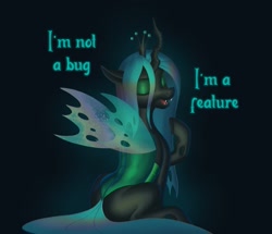 Size: 1623x1397 | Tagged: safe, artist:escapist, derpibooru import, queen chrysalis, changeling, changeling queen, g4, boasting, bug (software), dark background, eyes closed, feature, female, gradient background, iridescence, it's not a bug it's a feature, mare, monologue, open mouth, pointing at self, pun, sharp teeth, sitting, solo, spread wings, talking, teeth, wings