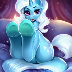 Size: 768x768 | Tagged: safe, ai content, derpibooru import, generator:stable diffusion, machine learning generated, trixie, semi-anthro, unicorn, bed, butt, female, fetish, generator:ponydiffusion, hoof fetish, hoof focus, hooves, looking at you, mare, open mouth, plot, sitting, solo, underhoof