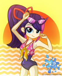 Size: 2015x2490 | Tagged: safe, artist:rjp.rammy, derpibooru import, oc, oc:layla, equestria girls, clothes, female, one-piece swimsuit, solo, sunglasses, swimsuit