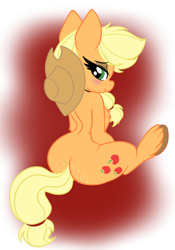 Size: 1668x2388 | Tagged: safe, artist:steelsoul, derpibooru import, applejack, earth pony, pony, semi-anthro, applebutt, blushing, butt, butt freckles, chest fluff, female, freckles, looking at you, looking back, looking back at you, mare, plot, shoulder freckles, sitting, solo, unshorn fetlocks