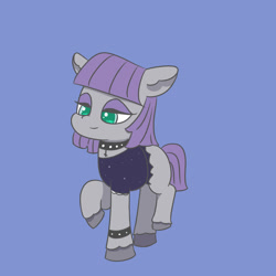 Size: 1280x1280 | Tagged: safe, artist:limitmj, derpibooru import, maud pie, earth pony, pony, blue background, bracelet, choker, clothes, cross, dress, female, goth, high res, inverted cross, jewelry, mare, raised hoof, raised leg, simple background, solo